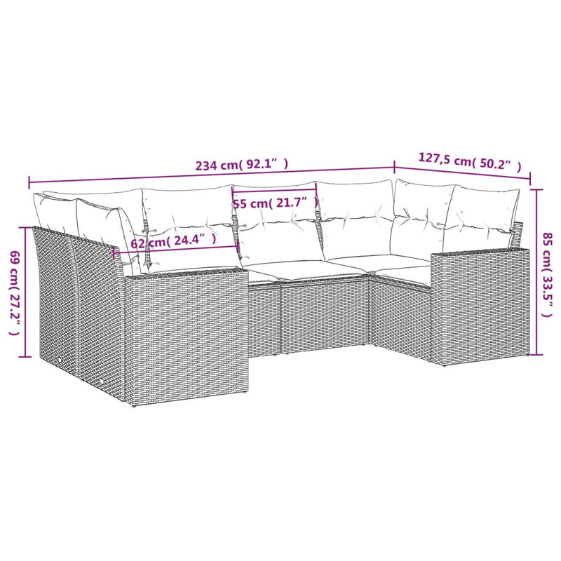 vidaXL 6 Piece Garden Sofa Set with Cushions Grey Poly Rattan