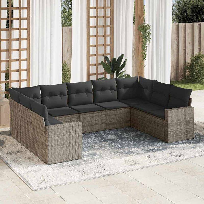 9 Piece Garden Sofa Set with Cushions Grey Poly Rattan