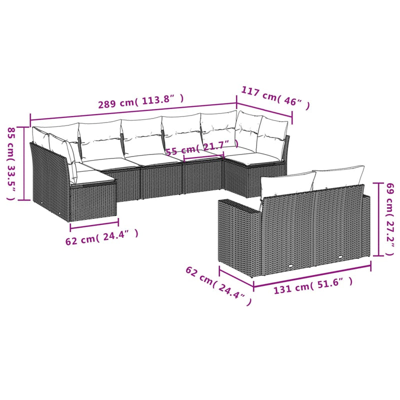 vidaXL 9 Piece Garden Sofa Set with Cushions Grey Poly Rattan
