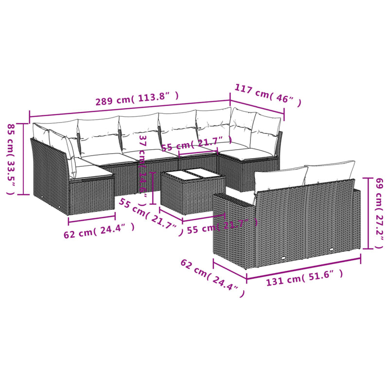 vidaXL 10 Piece Garden Sofa Set with Cushions Grey Poly Rattan
