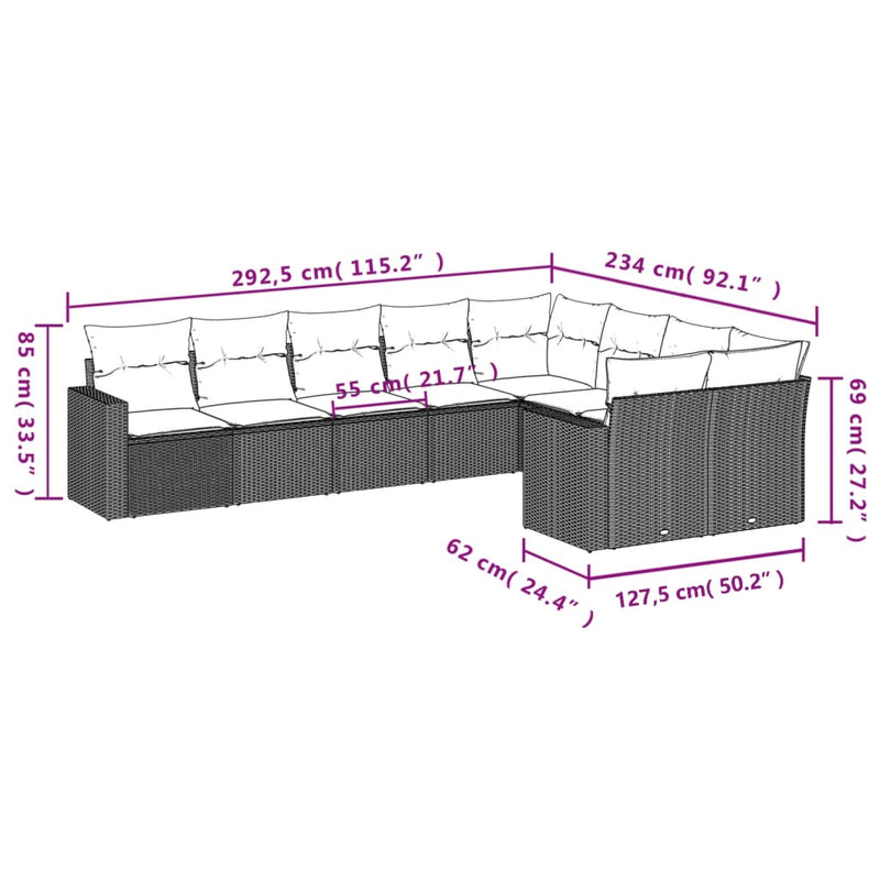 vidaXL 9 Piece Garden Sofa Set with Cushions Grey Poly Rattan