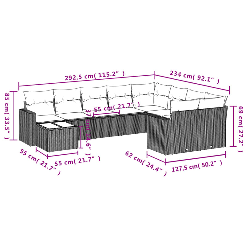 vidaXL 10 Piece Garden Sofa Set with Cushions Grey Poly Rattan