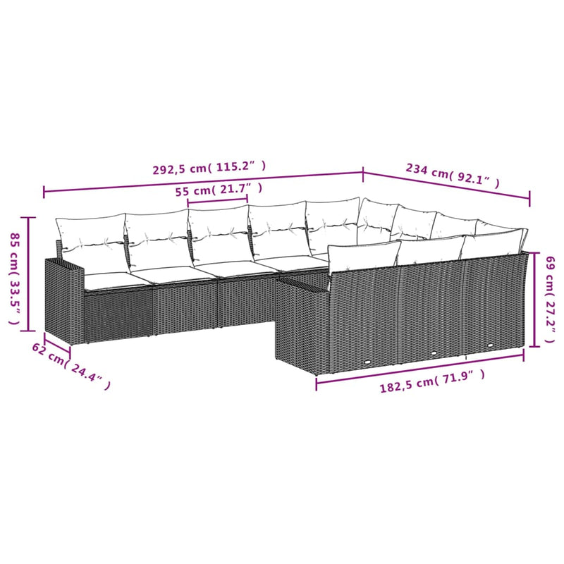 vidaXL 10 Piece Garden Sofa Set with Cushions Grey Poly Rattan