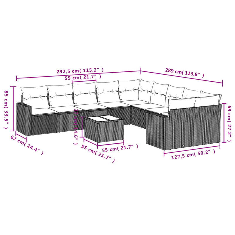 vidaXL 11 Piece Garden Sofa Set with Cushions Grey Poly Rattan