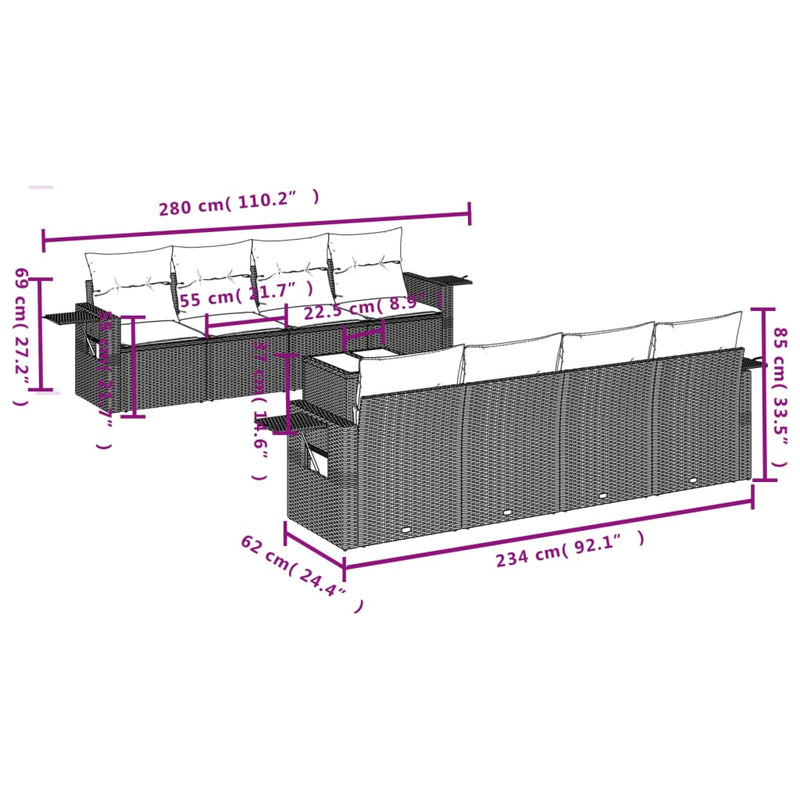 9 Piece Garden Sofa Set with Cushions Grey Poly Rattan