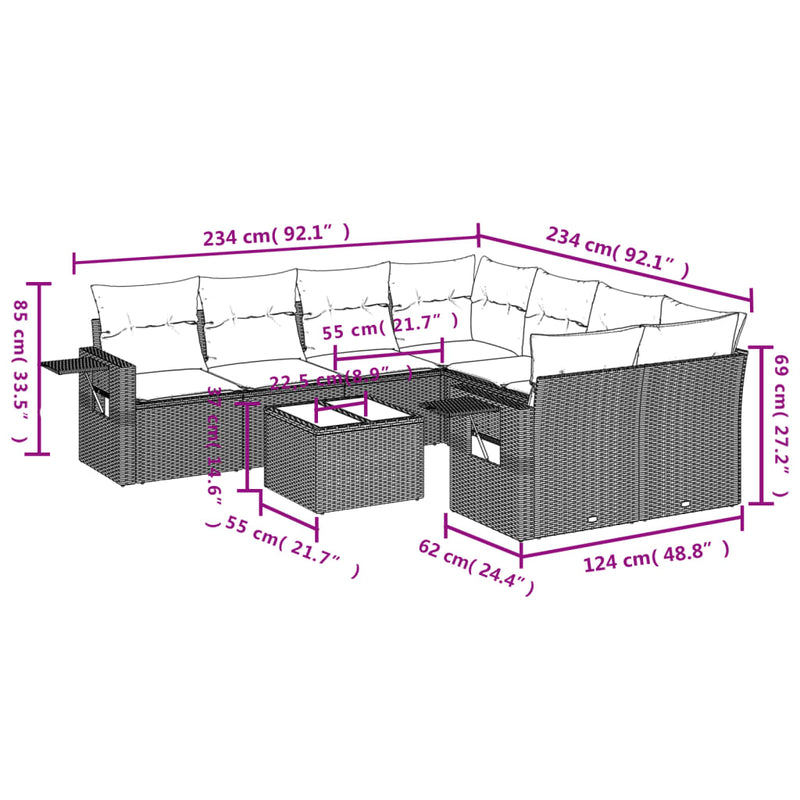 vidaXL 9 Piece Garden Sofa Set with Cushions Black Poly Rattan