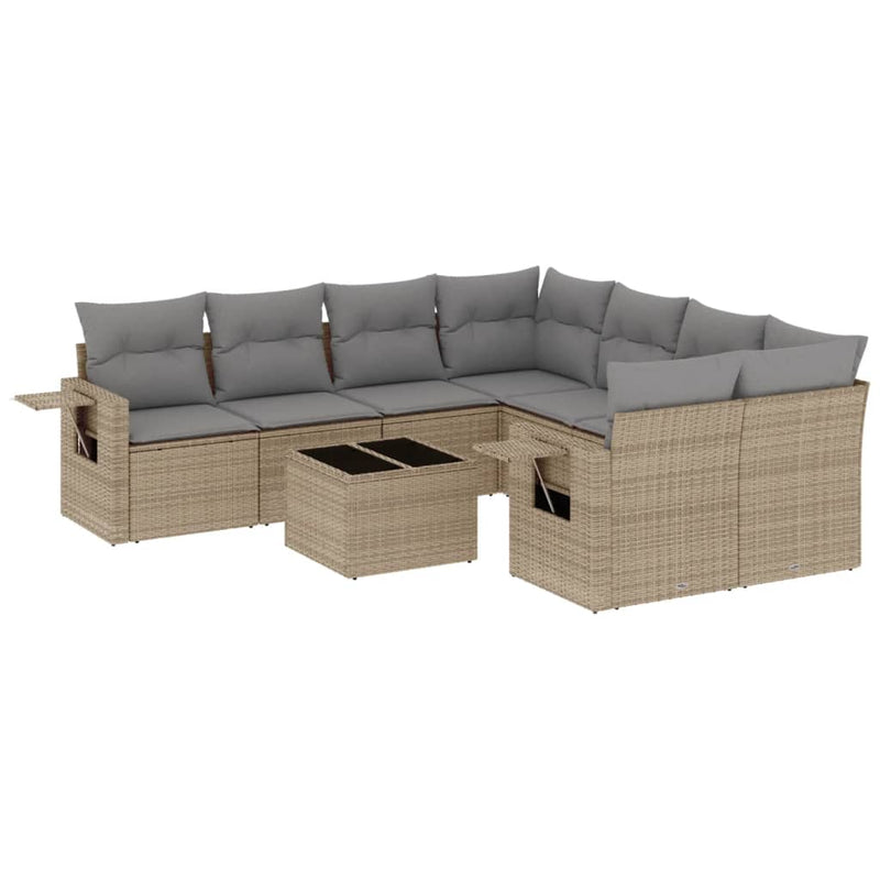 9 Piece Garden Sofa Set with Cushions Beige Poly Rattan