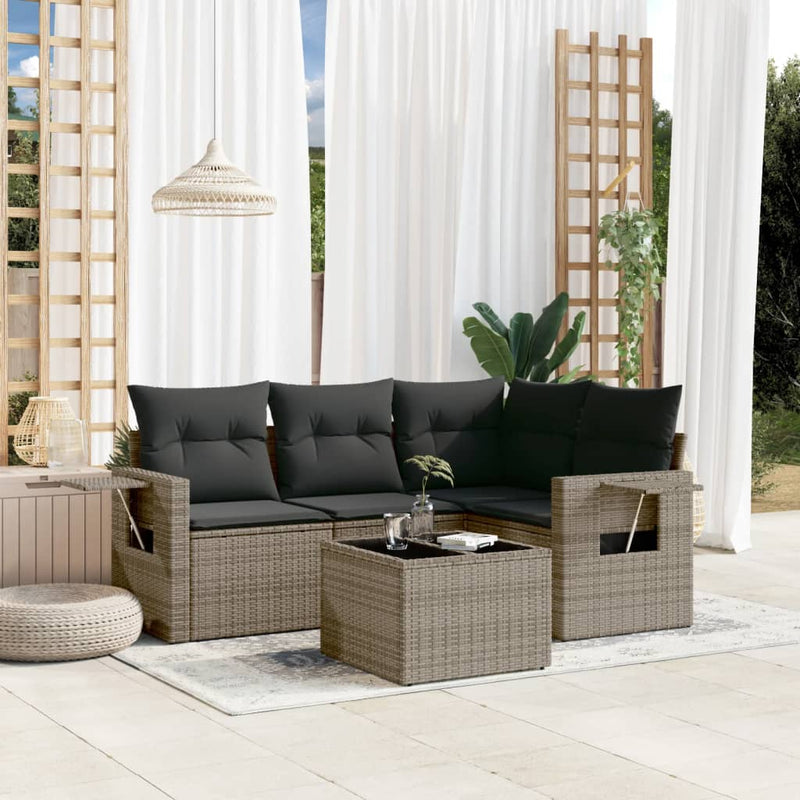 5 Piece Garden Sofa Set with Cushions Grey Poly Rattan