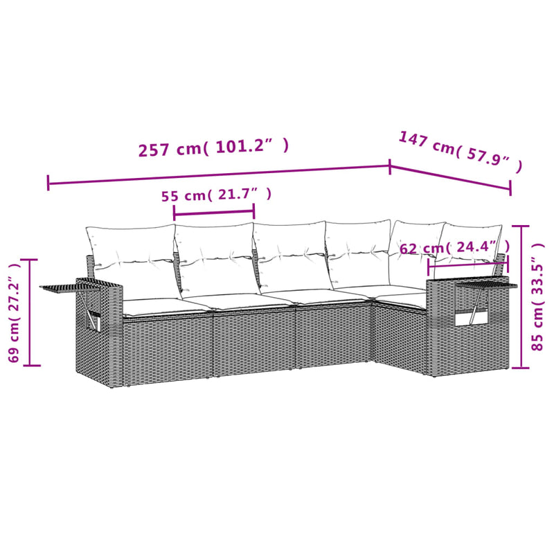 5 Piece Garden Sofa Set with Cushions Grey Poly Rattan