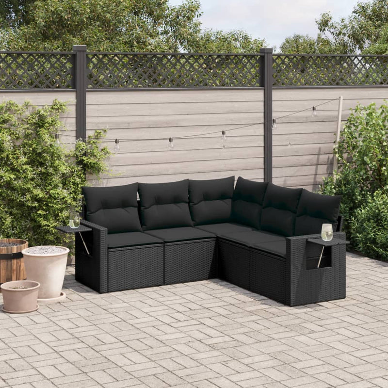 vidaXL 5 Piece Garden Sofa Set with Cushions Black Poly Rattan