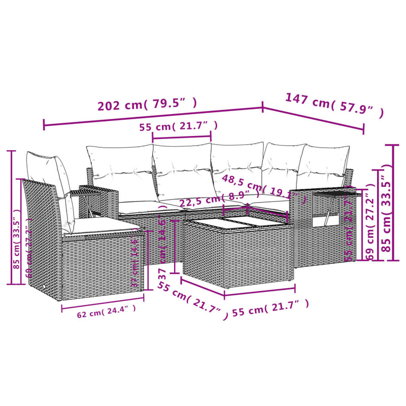 6 Piece Garden Sofa Set with Cushions Grey Poly Rattan