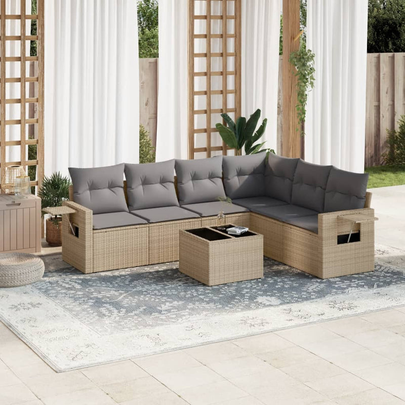 7 Piece Garden Sofa Set with Cushions Beige Poly Rattan