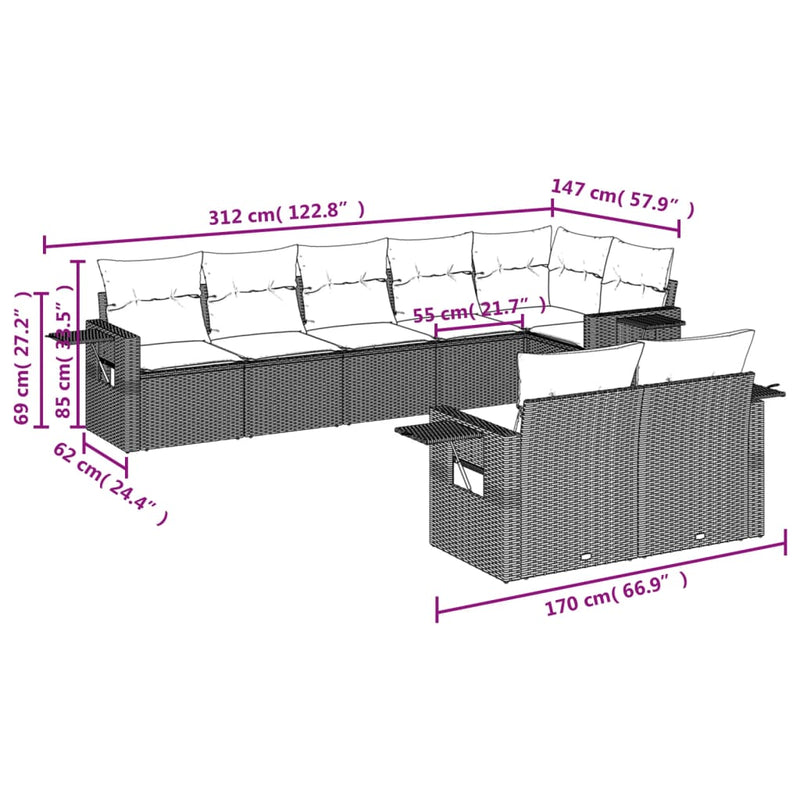 8 Piece Garden Sofa Set with Cushions Grey Poly Rattan