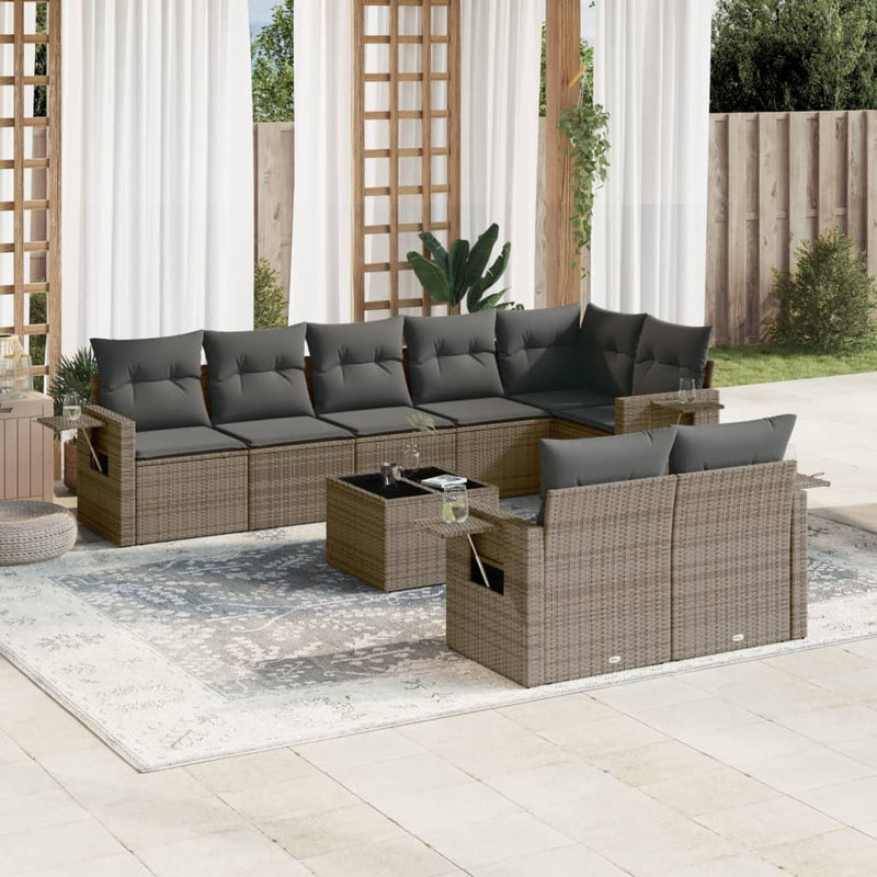 9 Piece Garden Sofa Set with Cushions Grey Poly Rattan