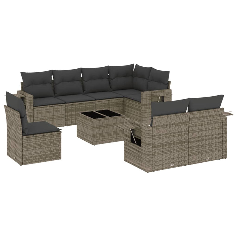 9 Piece Garden Sofa Set with Cushions Grey Poly Rattan