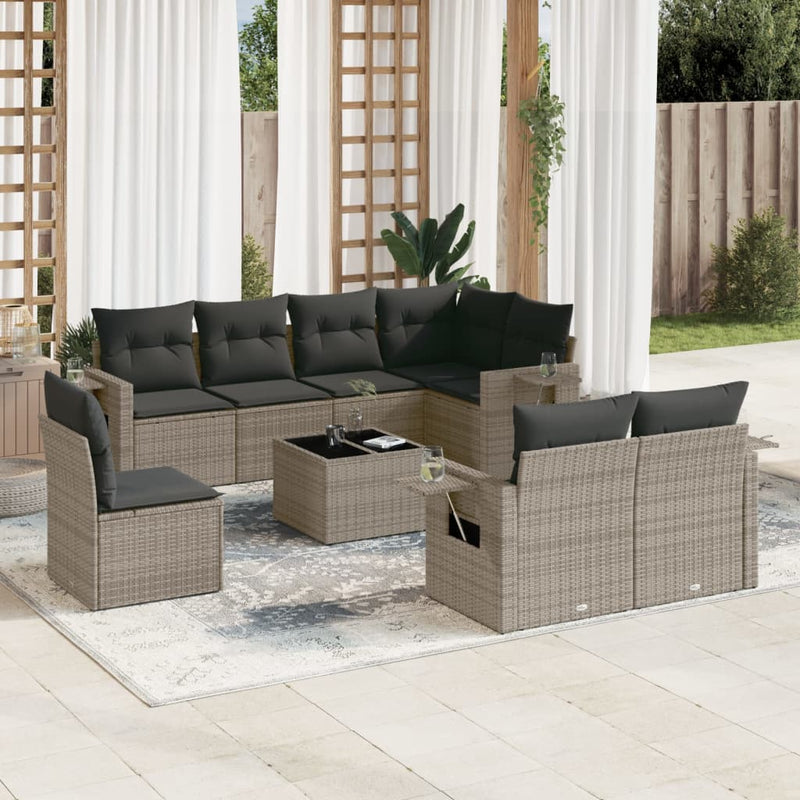 9 Piece Garden Sofa Set with Cushions Grey Poly Rattan