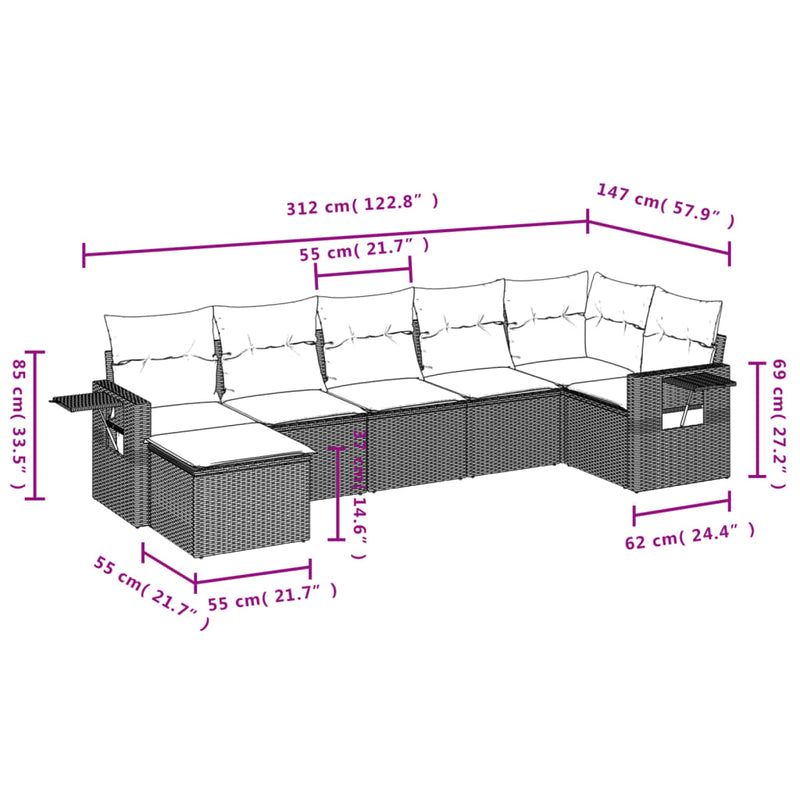 7 Piece Garden Sofa Set with Cushions Grey Poly Rattan