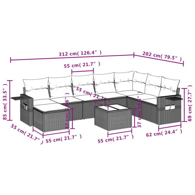 vidaXL 9 Piece Garden Sofa Set with Cushions Black Poly Rattan
