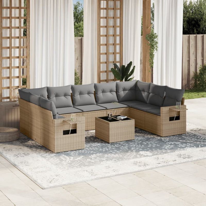 10 Piece Garden Sofa Set with Cushions Beige Poly Rattan