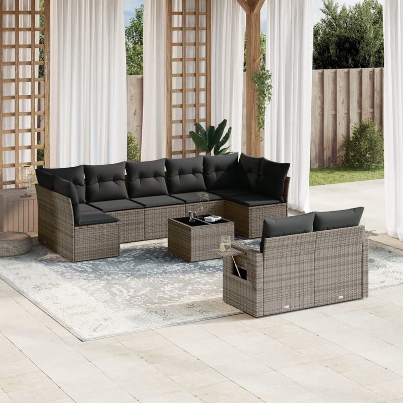 10 Piece Garden Sofa Set with Cushions Grey Poly Rattan