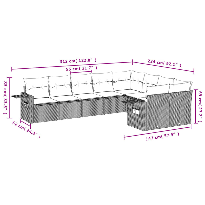 vidaXL 9 Piece Garden Sofa Set with Cushions Grey Poly Rattan