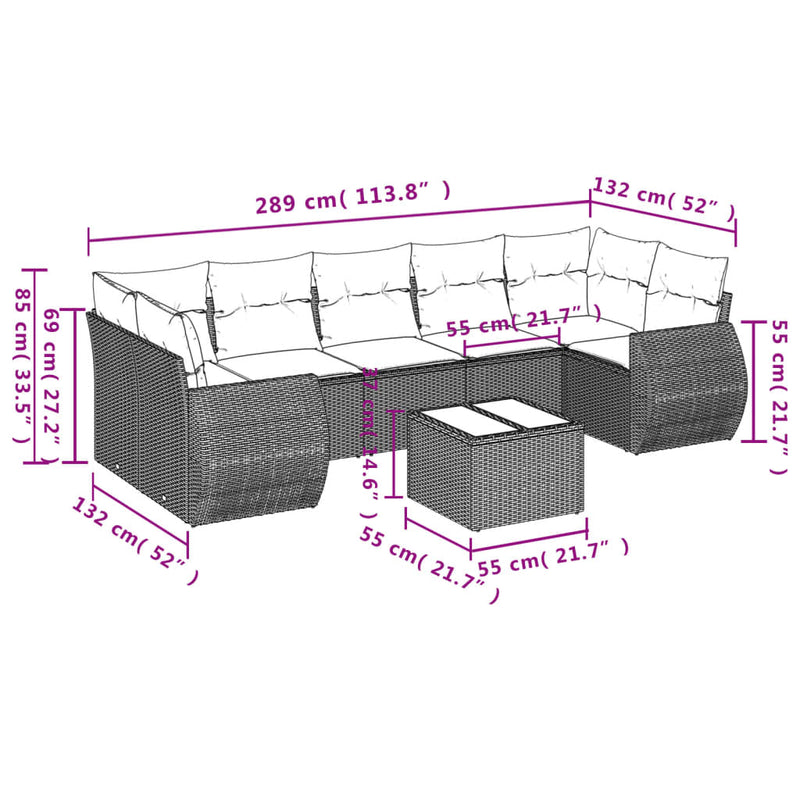 8 Piece Garden Sofa Set with Cushions Grey Poly Rattan