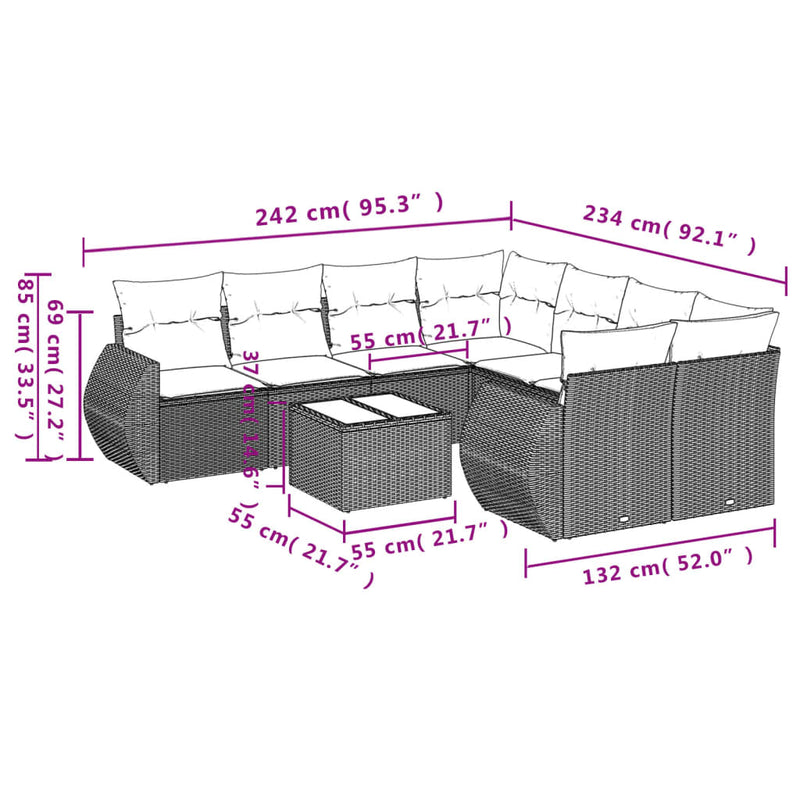 vidaXL 9 Piece Garden Sofa Set with Cushions Grey Poly Rattan