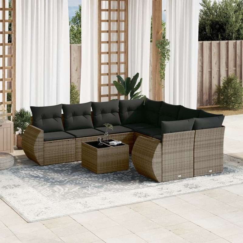 vidaXL 9 Piece Garden Sofa Set with Cushions Grey Poly Rattan