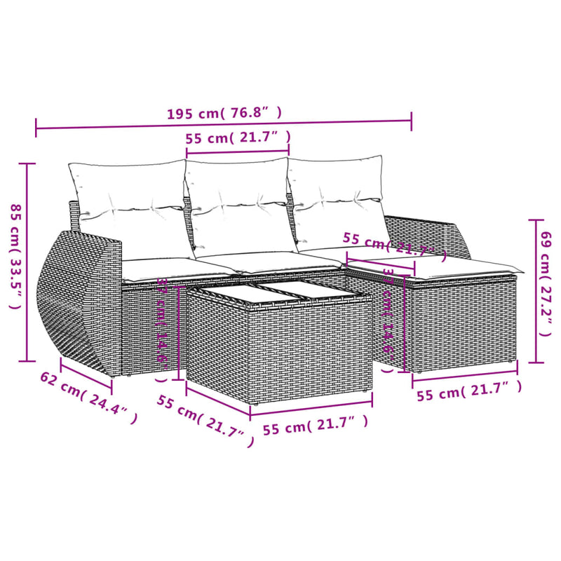 vidaXL 5 Piece Garden Sofa Set with Cushions Grey Poly Rattan