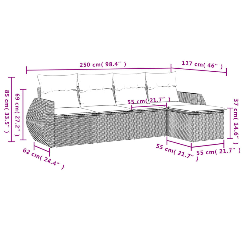 vidaXL 5 Piece Garden Sofa Set with Cushions Grey Poly Rattan
