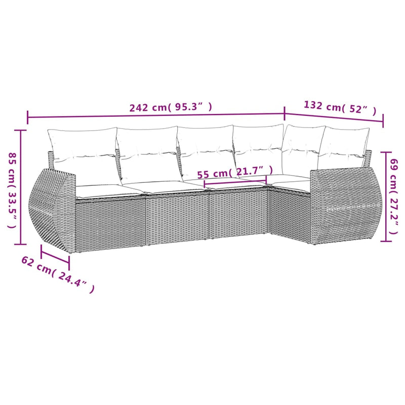 vidaXL 5 Piece Garden Sofa Set with Cushions Grey Poly Rattan