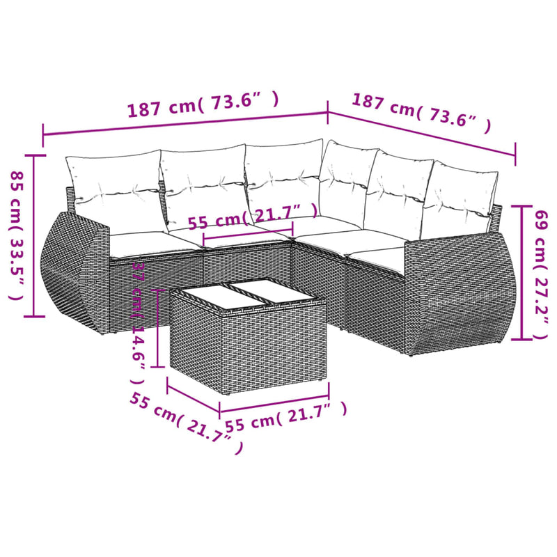 vidaXL 6 Piece Garden Sofa Set with Cushions Grey Poly Rattan