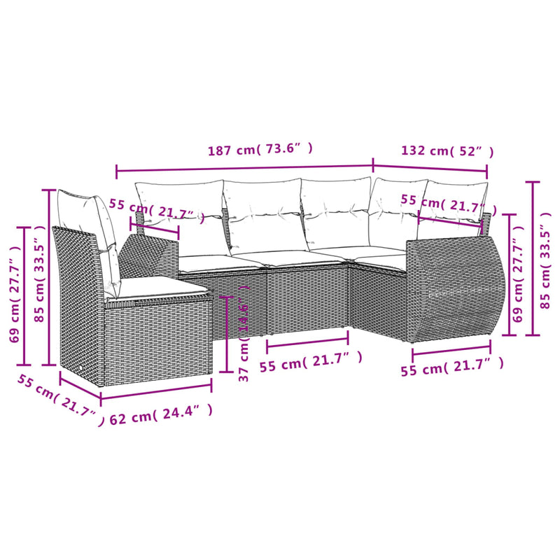 vidaXL 5 Piece Garden Sofa Set with Cushions Grey Poly Rattan