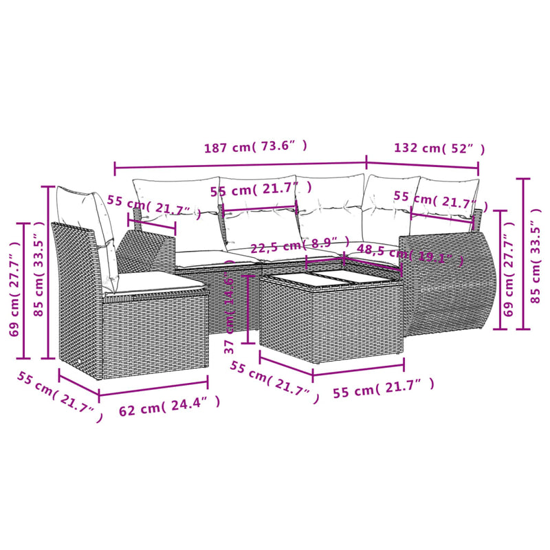 vidaXL 6 Piece Garden Sofa Set with Cushions Grey Poly Rattan