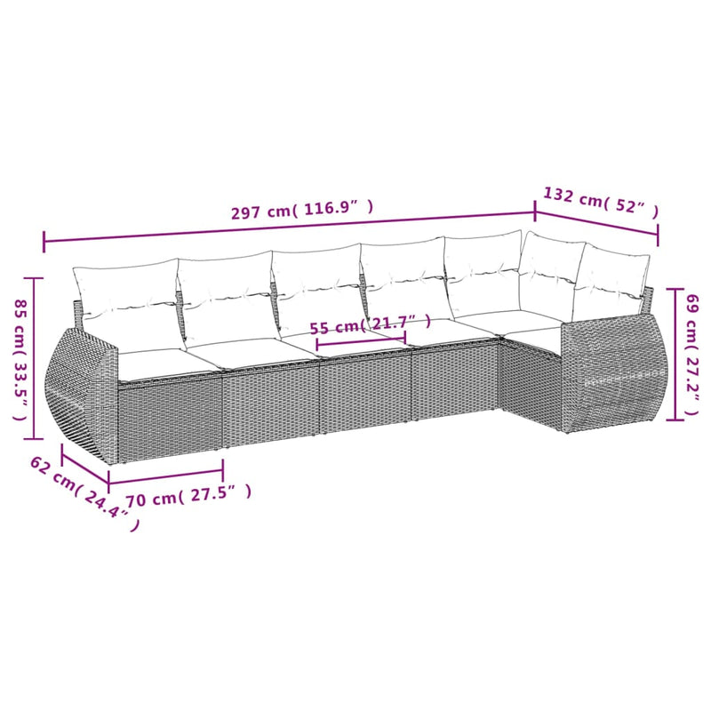 vidaXL 6 Piece Garden Sofa Set with Cushions Grey Poly Rattan