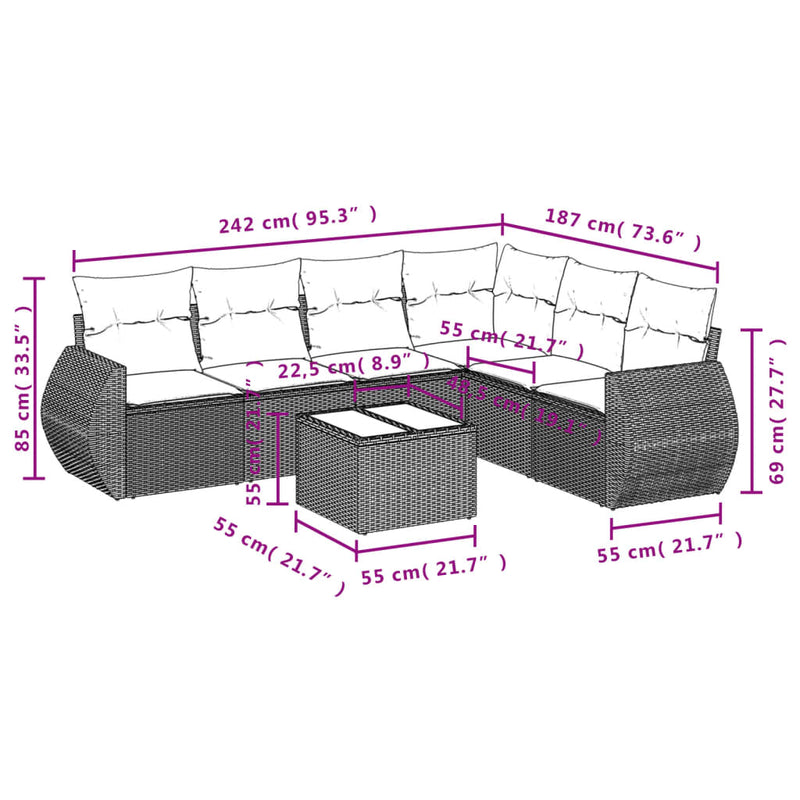 vidaXL 7 Piece Garden Sofa Set with Cushions Grey Poly Rattan