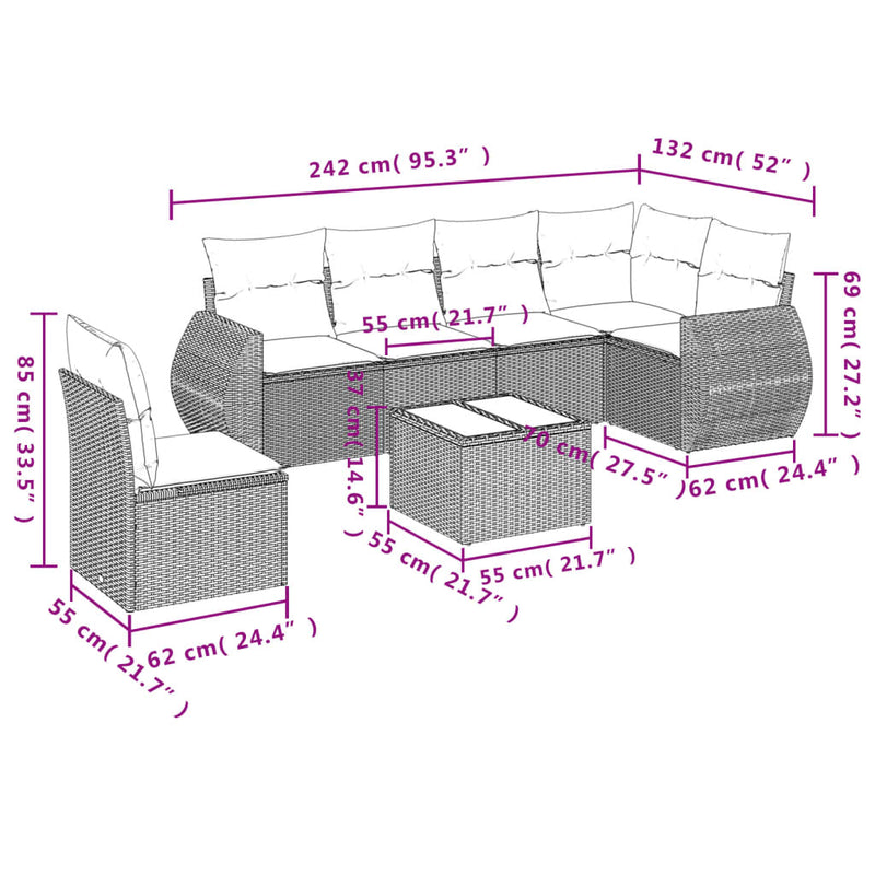 vidaXL 7 Piece Garden Sofa Set with Cushions Grey Poly Rattan