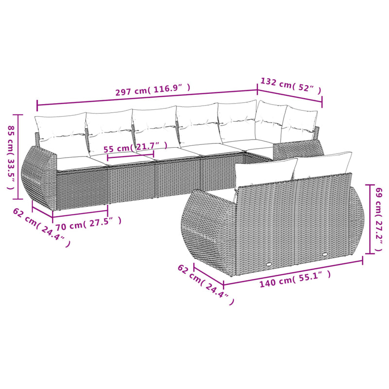 vidaXL 8 Piece Garden Sofa Set with Cushions Grey Poly Rattan