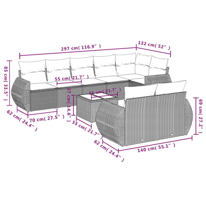 vidaXL 9 Piece Garden Sofa Set with Cushions Grey Poly Rattan