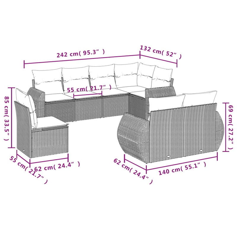 vidaXL 8 Piece Garden Sofa Set with Cushions Grey Poly Rattan