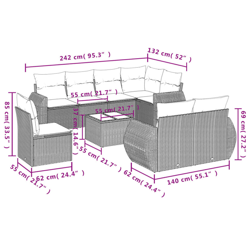 9 Piece Garden Sofa Set with Cushions Grey Poly Rattan