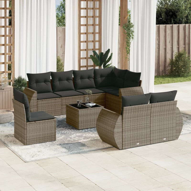 9 Piece Garden Sofa Set with Cushions Grey Poly Rattan