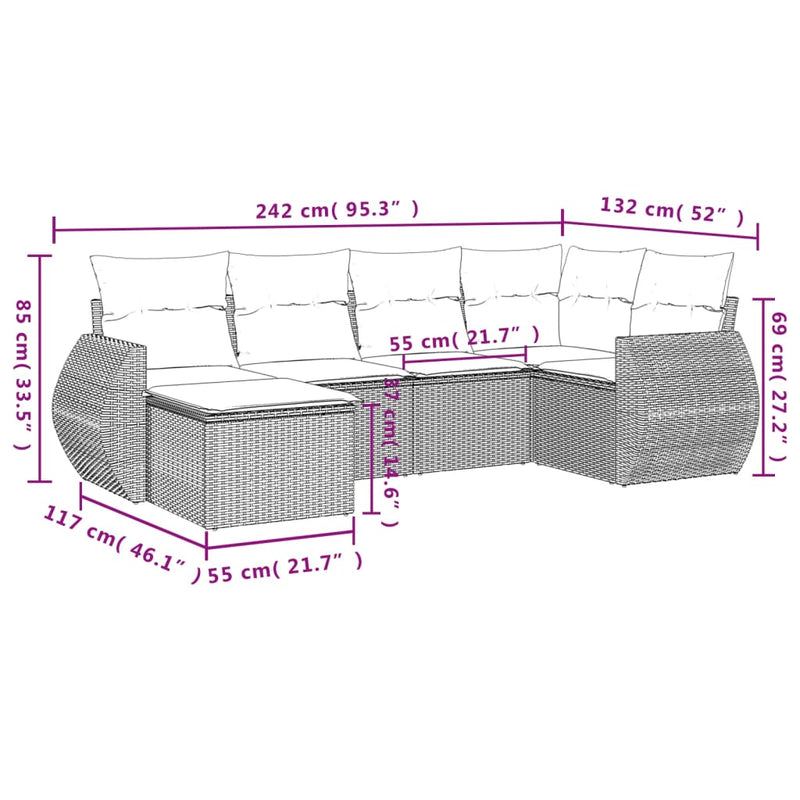 vidaXL 6 Piece Garden Sofa Set with Cushions Grey Poly Rattan