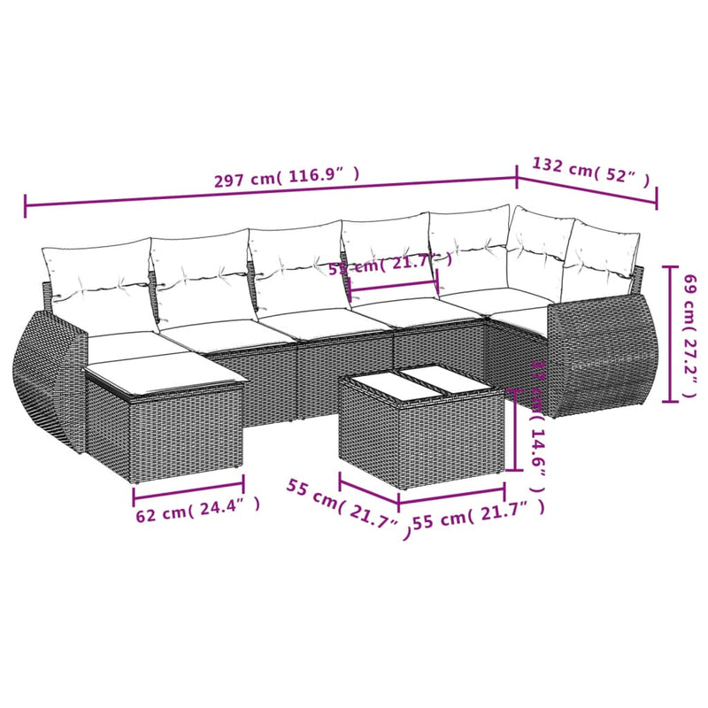 vidaXL 8 Piece Garden Sofa Set with Cushions Grey Poly Rattan