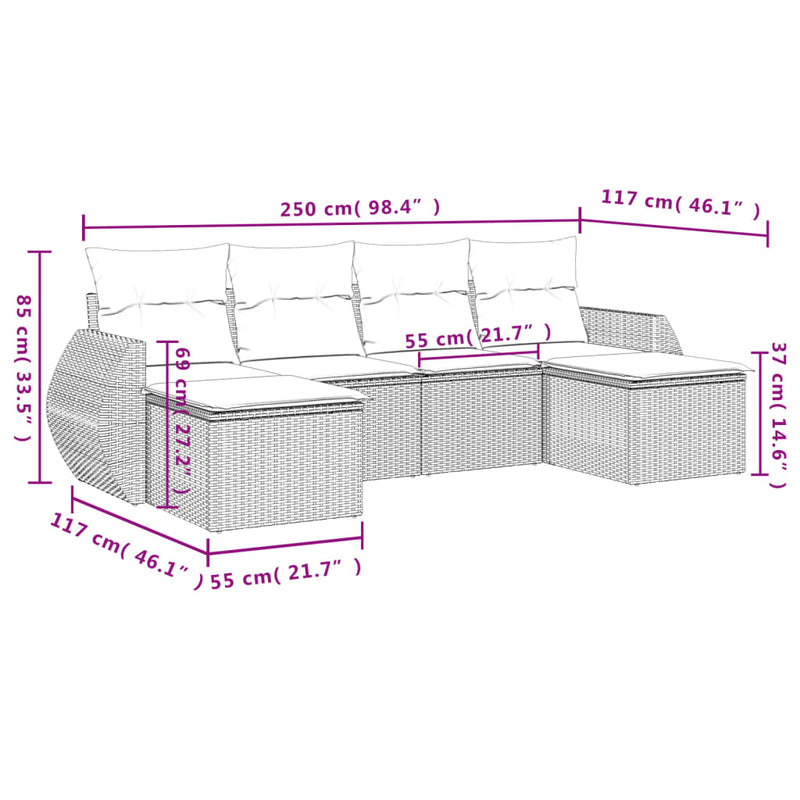 vidaXL 6 Piece Garden Sofa Set with Cushions Grey Poly Rattan