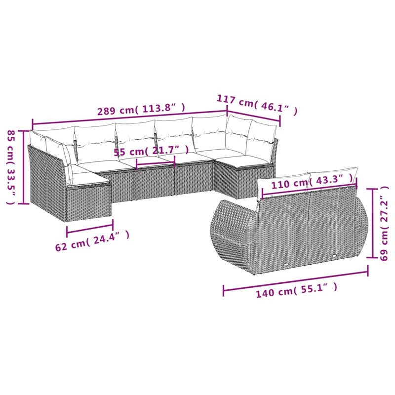 vidaXL 9 Piece Garden Sofa Set with Cushions Grey Poly Rattan