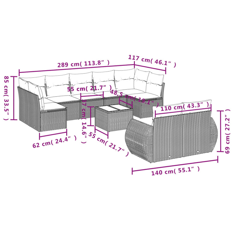 vidaXL 10 Piece Garden Sofa Set with Cushions Black Poly Rattan