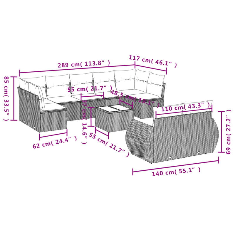 vidaXL 10 Piece Garden Sofa Set with Cushions Grey Poly Rattan