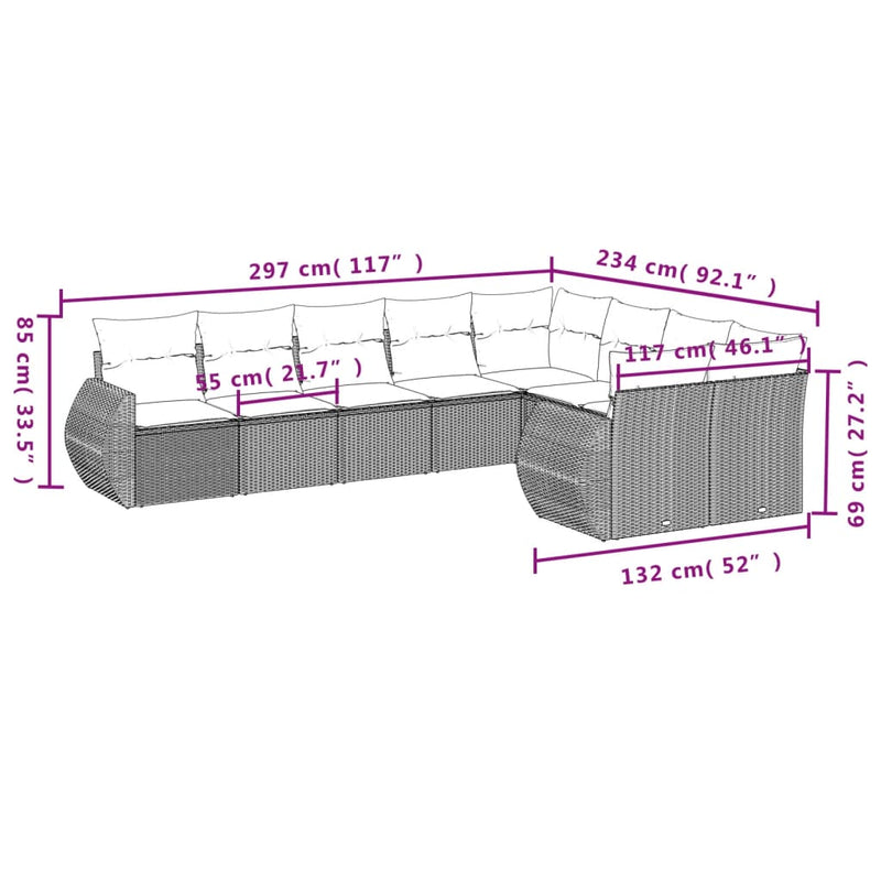 9 Piece Garden Sofa Set with Cushions Grey Poly Rattan