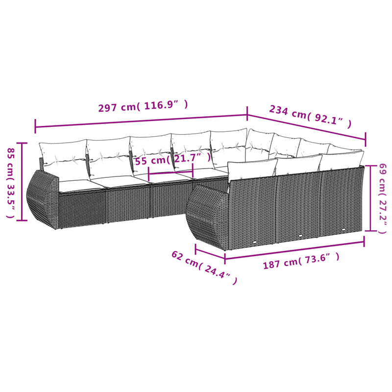 vidaXL 10 Piece Garden Sofa Set with Cushions Grey Poly Rattan